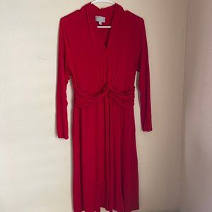 PURE Collection Midi Dress Size 12 Red Jersey Long Sleeve Viscose V-Neck